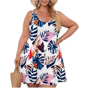 Plus Size pink tropical leaf print sleeveless pocket shift dress size 3XL
